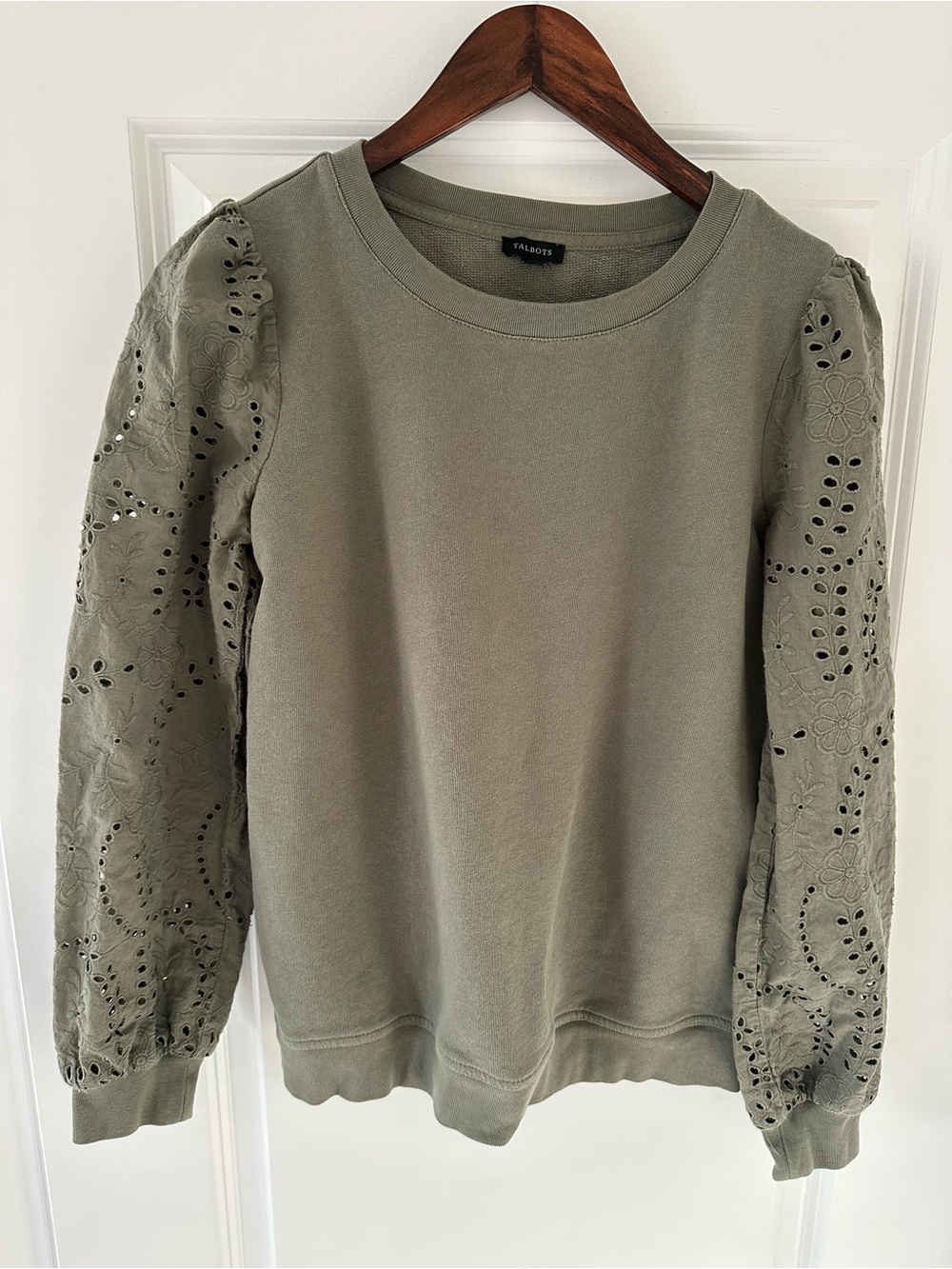 Talbots Olive Eyelet Puff Sleeve Crewneck Sweater